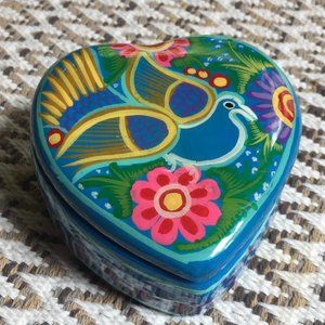 Tonala Mexico Pottery Heart Bird Trinket Dish Jewelry Box Clay Mexican Folk Art
